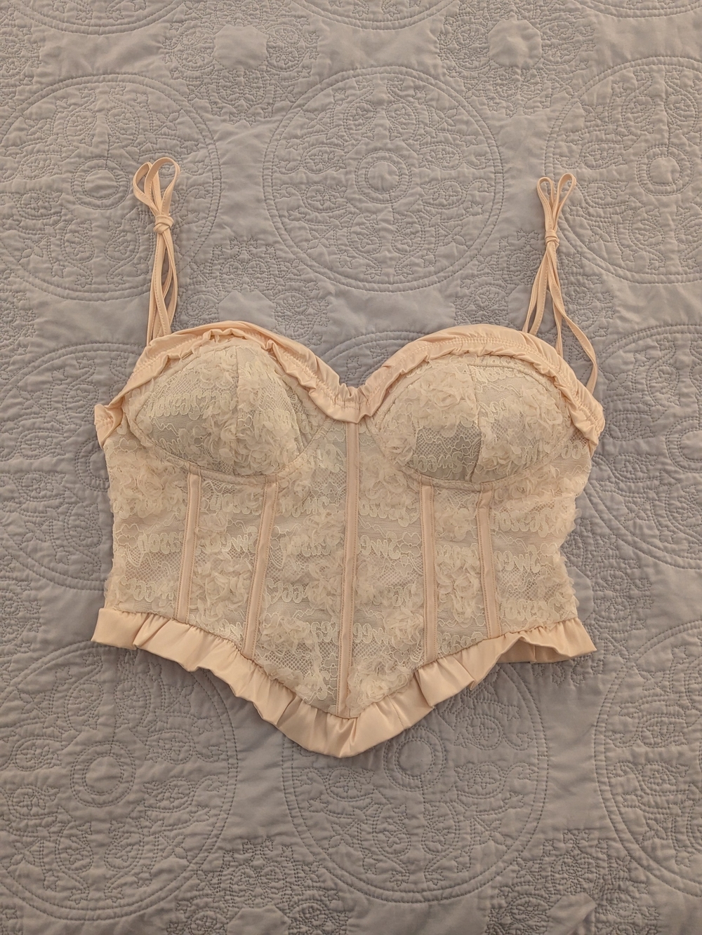 SHEIN Lace Ruffle Tie-Strap Corset Top - Cream - Picture 3 of 5
